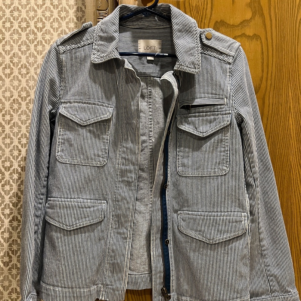 Ann Taylor LOFT Navy and White Striped Jean Jacket